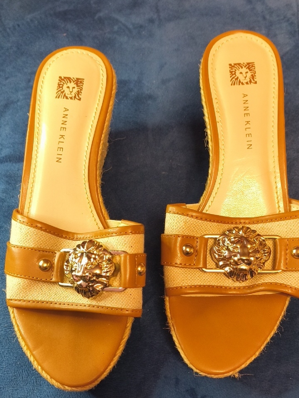 Anne Klein Tan & Cream Slide Mules with Gold Medallion